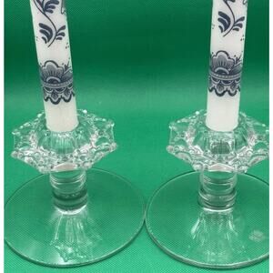 Glass Candle Holders Clear Heisey Wampum Pattern | Gothic Romance | MCM Taper